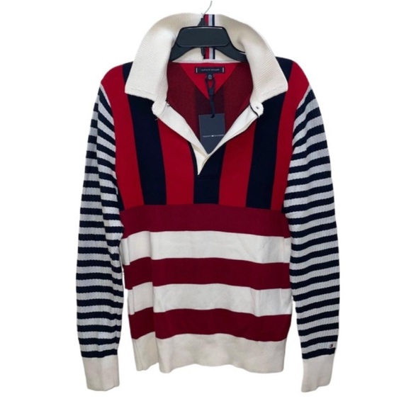 Tommy Hilfiger Men's Striped Pattern Colorblock Long Sleeve Collared Polo Shirt